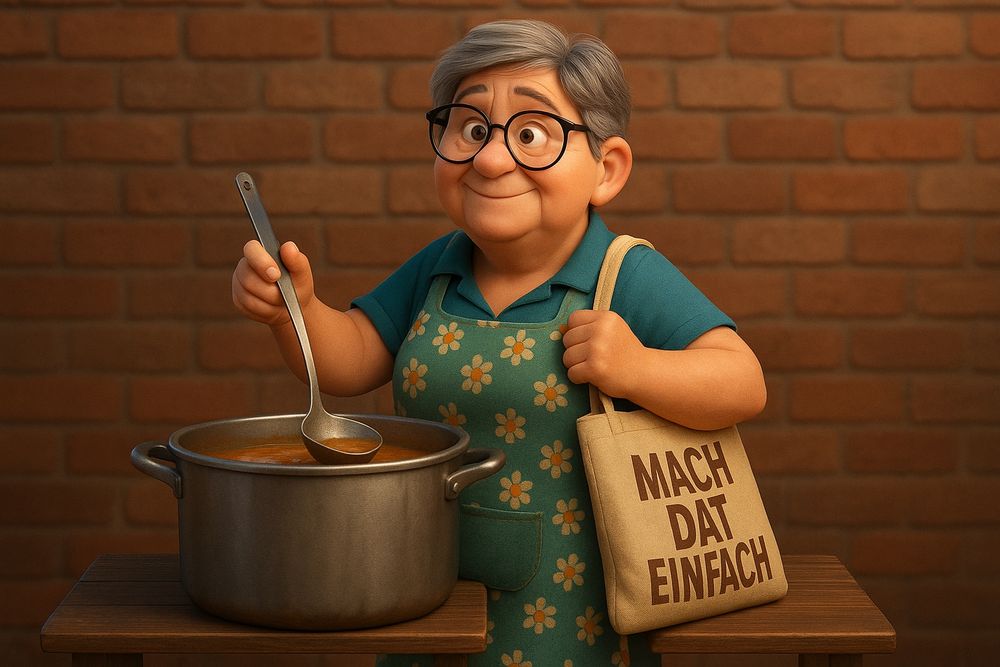 Der Charakter im Pixar Stil mit Suppentopf und -kelle und ihrer Tasche vor einer Rotziegelwand.