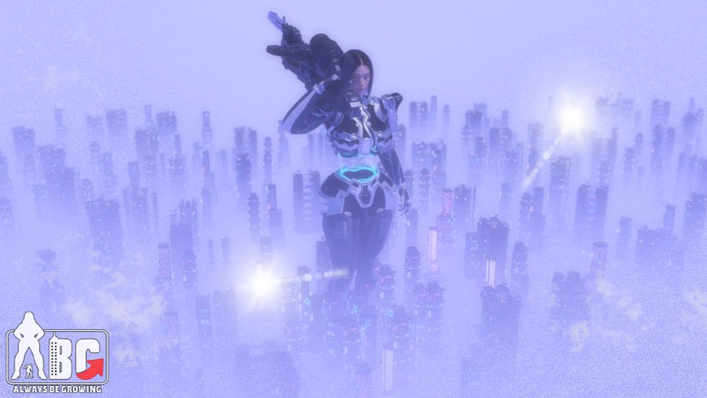 Kyuri strolls through a city significantly smaller than her. A thick fog covers the landscape. Kyuri is carrying a cannon that even for her size is enormous.