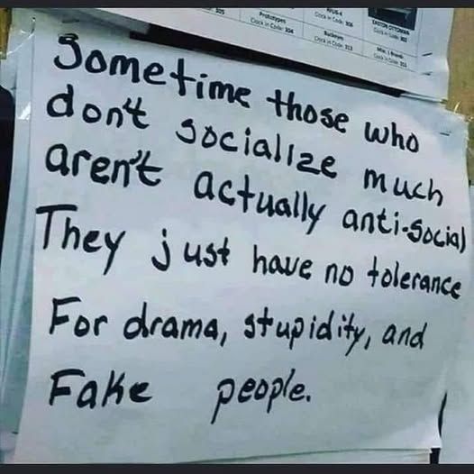 sometime those who don't socialize much aren't actually anti-social they just have no tolerance for drama, stupidity, and fake people