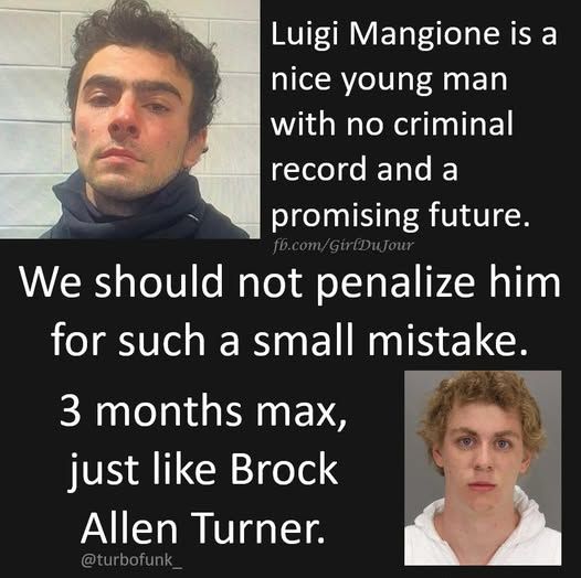 from Girl Du Jour:

luigi mangione is a nice young man with no criminal record and a promising future. we should not penalize him for such a small mistake. 3 months max, just like brock allen turner