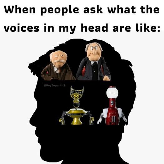 when people ask what the voices in my head are like:

- statler and waldorf
- crow and tom servo