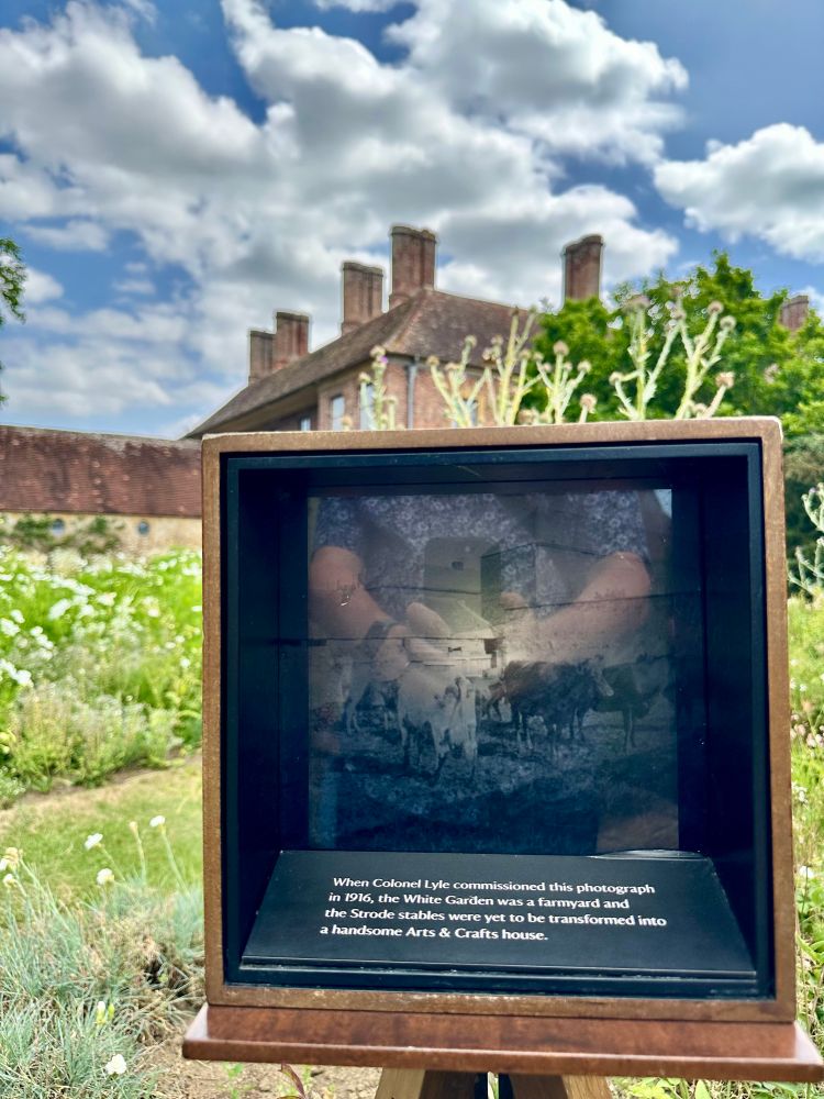View of old photo with explanatory text on the back of camera installed in garden pointing towards house. Text below photo: «When Colonel Lyle commissioned this photograph in 1916, the White Garden was a farmyard and the Strode stables were yet to be transformed into a handsome Arts & Crafts house.»