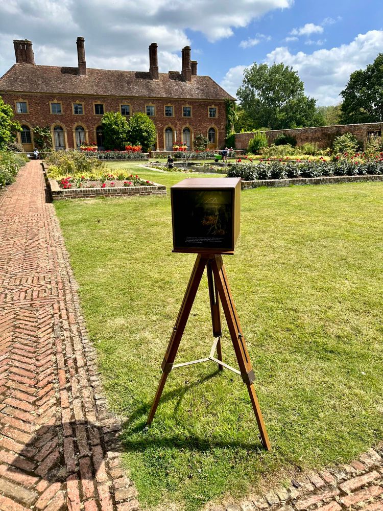 Old camera on wooden tripod in corner of garden, house in background