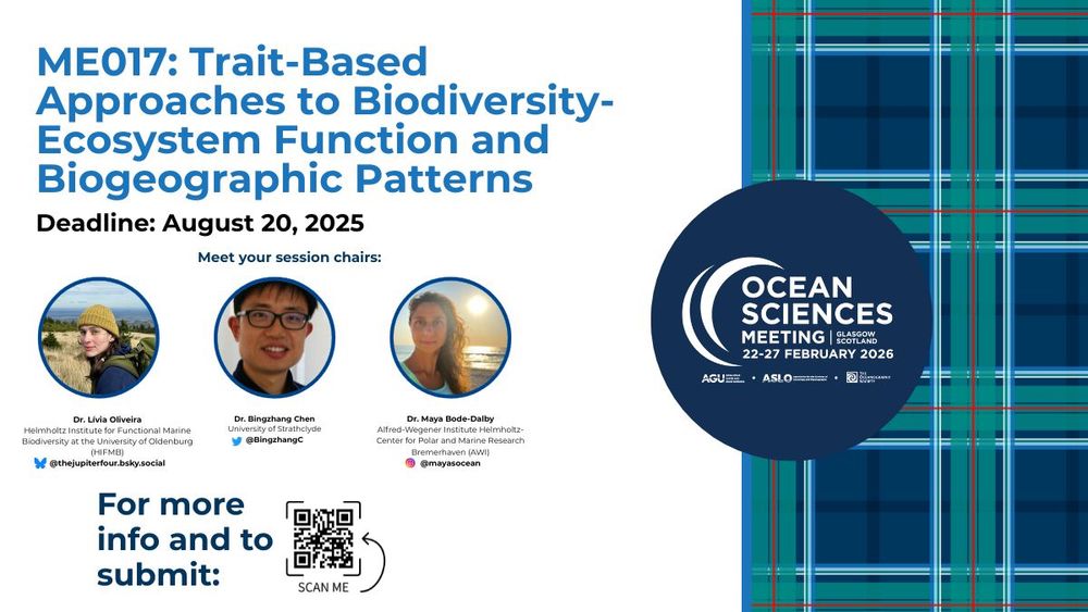 Image with the description of important information regarding an upcoming session happening at an Ocean Sciences Meeting in Glasgow next year. The image contain the title of the session, info on the session chairs and the QR code to go to the session portal. Also, it has the uniquely designed Scottish tartan for the conference. 