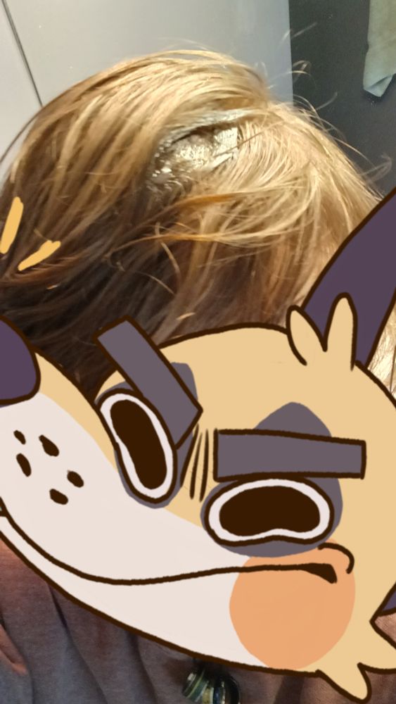 Top down selfie of the yote, sans hood. A big sticker of Stace! obscures themself.

Only their hair is visible, matted down with a glob of cum.