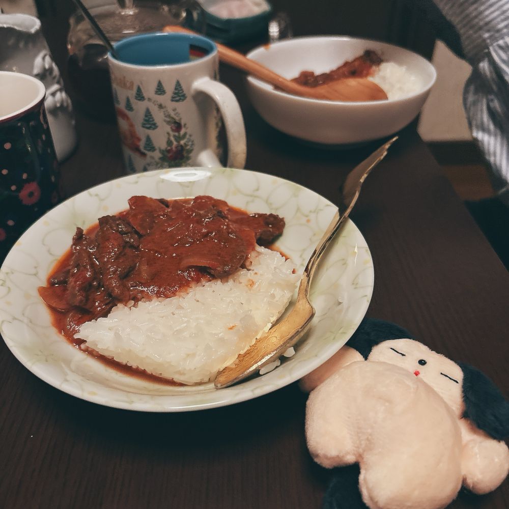 ハヤシライスの写真。手前にぽっこりお腹の犬のぬいぐるみ。