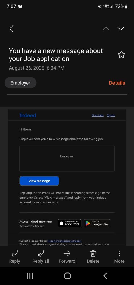 Email from indeed.com about a job application for a job simply titled "Employer."
