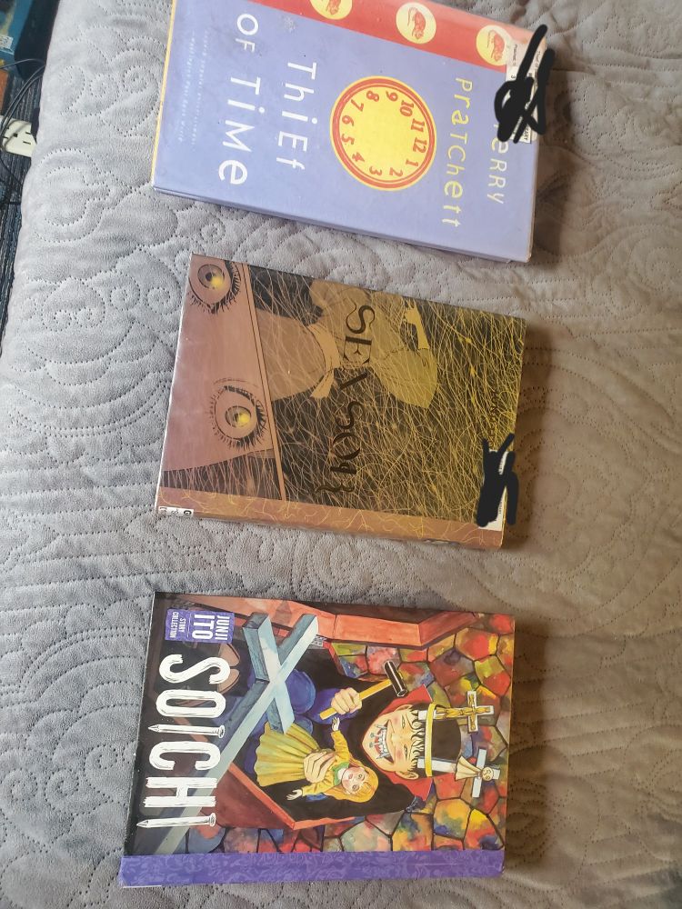 Books laid out on a gray background. Thief of Time by Terry Pratchett, Sensors and Soichi by Junji Ito.