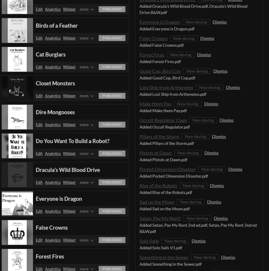 Itch.io dashboard for Draconick, with all listed game products in a monochrome color palette as a result of changing the revenue split on the website.
