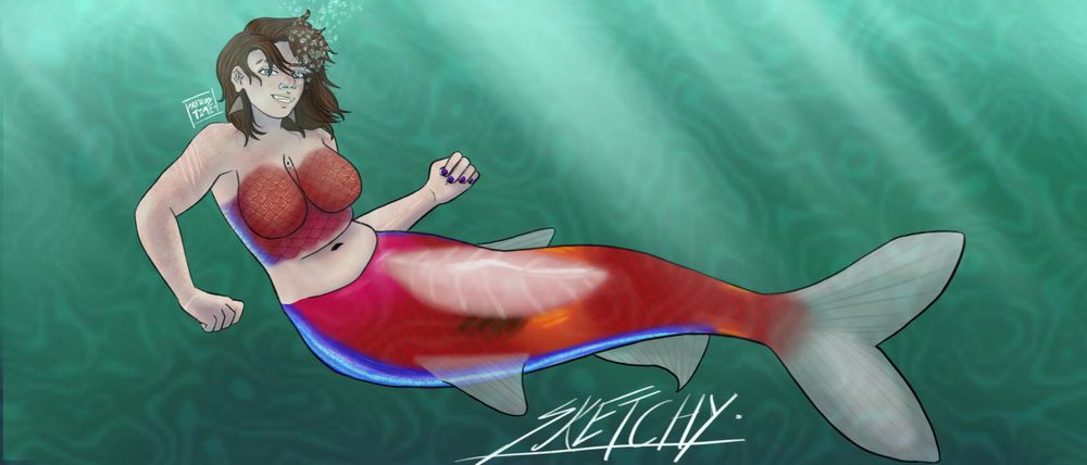 Mermaid (Neon Tetra fish species) posing in underwater shallows. 