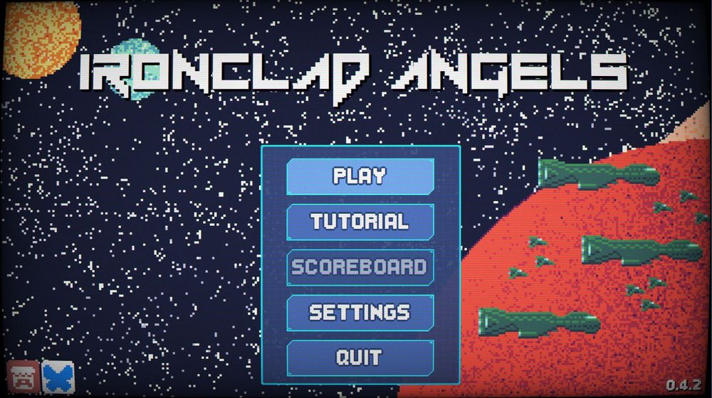 Main menu of the game Ironclad Angels. The menu options are play, tutorial, scoreboard, settings, and quit.