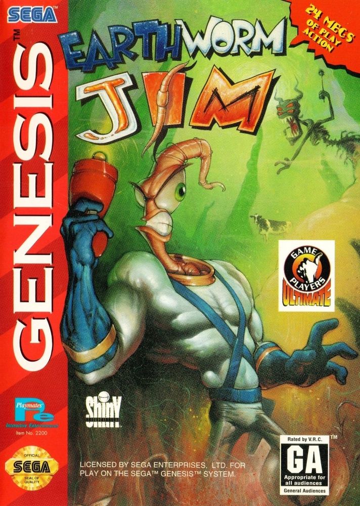 Box art for the Sega Genesis video game "Earthworm Jim." The cover features a muscular earthworm named Jim wearing a robotic suit with blue gloves and a red laser gun. He is standing in a heroic pose with a determined expression. The background is a surreal green alien landscape with a distant villainous figure and a cow floating in the air. The title "Earthworm Jim" is prominently displayed at the top in colorful, stylized letters. Logos include "SEGA Genesis," "Shiny Entertainment," "Playmates Interactive," and a "Game Players Ultimate" award. A label reads "24 MEGS of Play Action" in the top right corner, and the game is rated "GA - General Audiences" by the V.R.C.