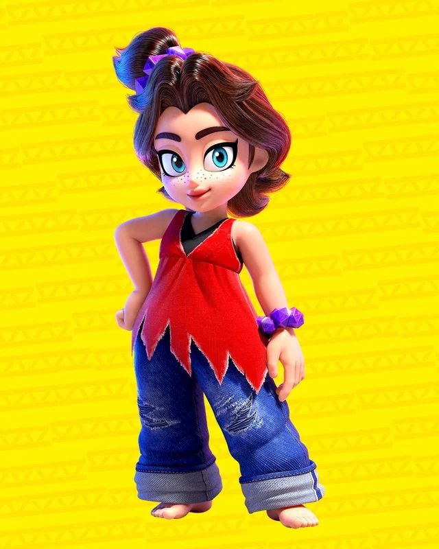 A 3D-rendered character of a young Pauline from the Donkey Kong franchise stands confidently against a bright yellow background with a subtle geometric pattern. She has large teal eyes, a playful smirk, and thick eyebrows. Her hair is tied up in a high ponytail with a purple scrunchie, and she wears a red jagged-hem sleeveless top, rolled-up distressed jeans, and a purple spiked bracelet on her right wrist. She stands barefoot with one hand on her hip, exuding a bold and adventurous attitude.