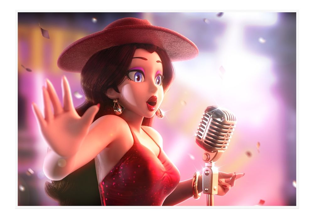 A 3D-rendered female character, Pauline from *Super Mario Odyssey*, is singing passionately into a vintage silver microphone. She wears a sparkling red dress, matching wide-brimmed hat, gold earrings, and bracelets. Her expression is animated with wide purple eyes and an open mouth as if hitting a powerful note. The background glows with pink and purple lighting, and golden confetti floats through the air, giving the scene a vibrant and celebratory atmosphere.
