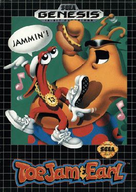 Box art for the Sega Genesis video game ToeJam & Earl. The cover features two cartoonish alien characters in a funky pose. ToeJam is a red, three-legged alien wearing sunglasses, a gold chain, and sneakers, while Earl is a large orange alien with antennae, also wearing sunglasses and shorts. ToeJam is shown mid-dance with a speech bubble that says “JAMMIN’!” Musical notes float around them, emphasizing the game’s funk-inspired theme. The background has a colorful, polka-dotted floor and a space-like backdrop. The Sega Genesis and SEGA Seal of Quality logos are displayed prominently. The game title "ToeJam & Earl" appears in bold, stylized orange and yellow lettering at the bottom.