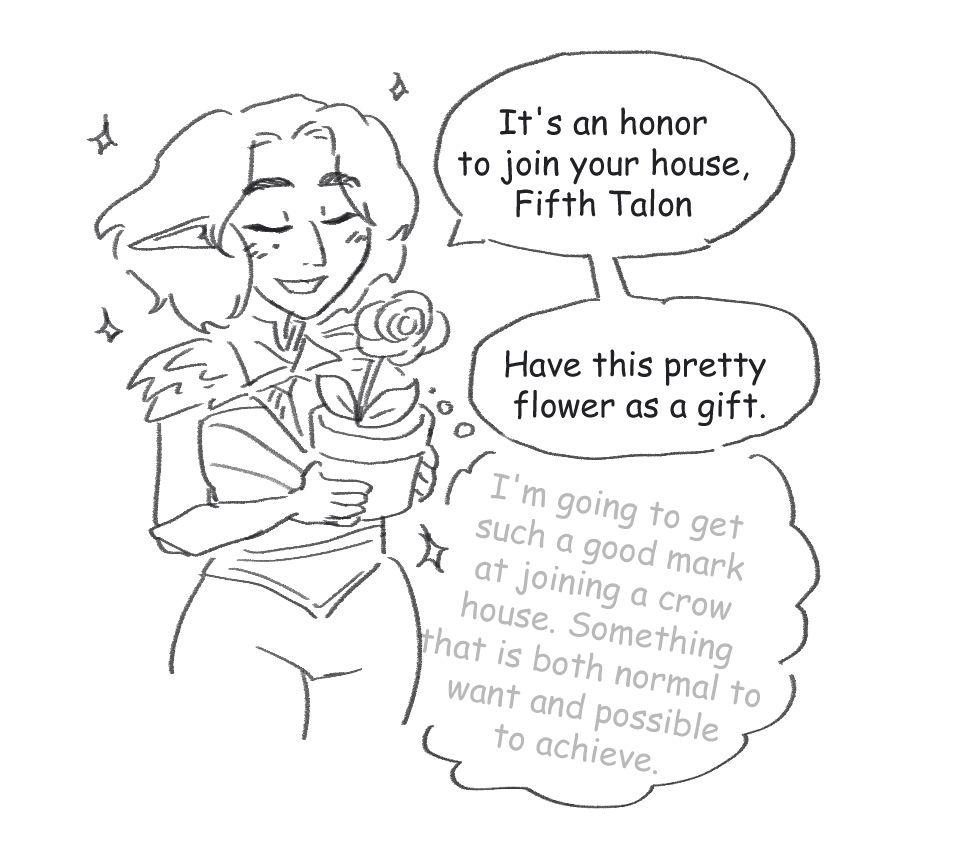 A female elf Rook holds a plant pot with a flower in it, offering it to Viago as a gift for joining his house.