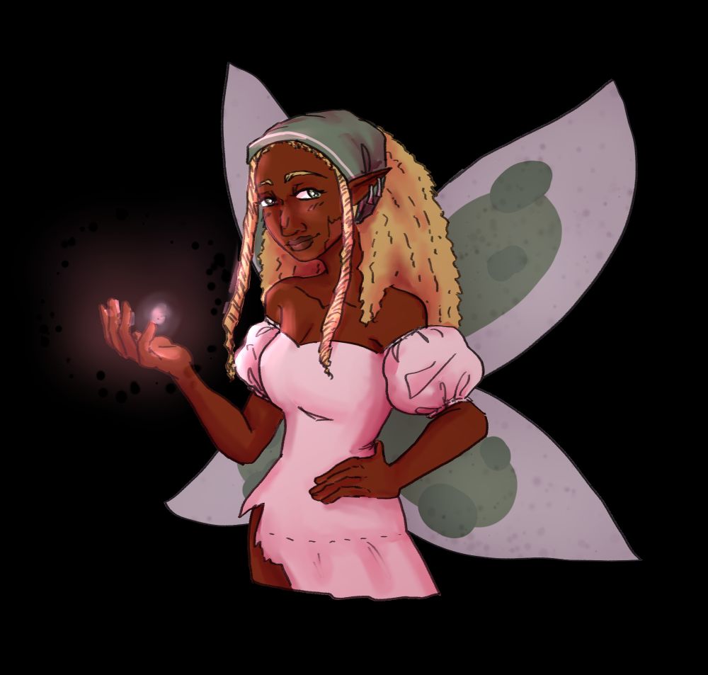 A dark skinned fairy with blonde coily hair wearing a pink poofy dress.