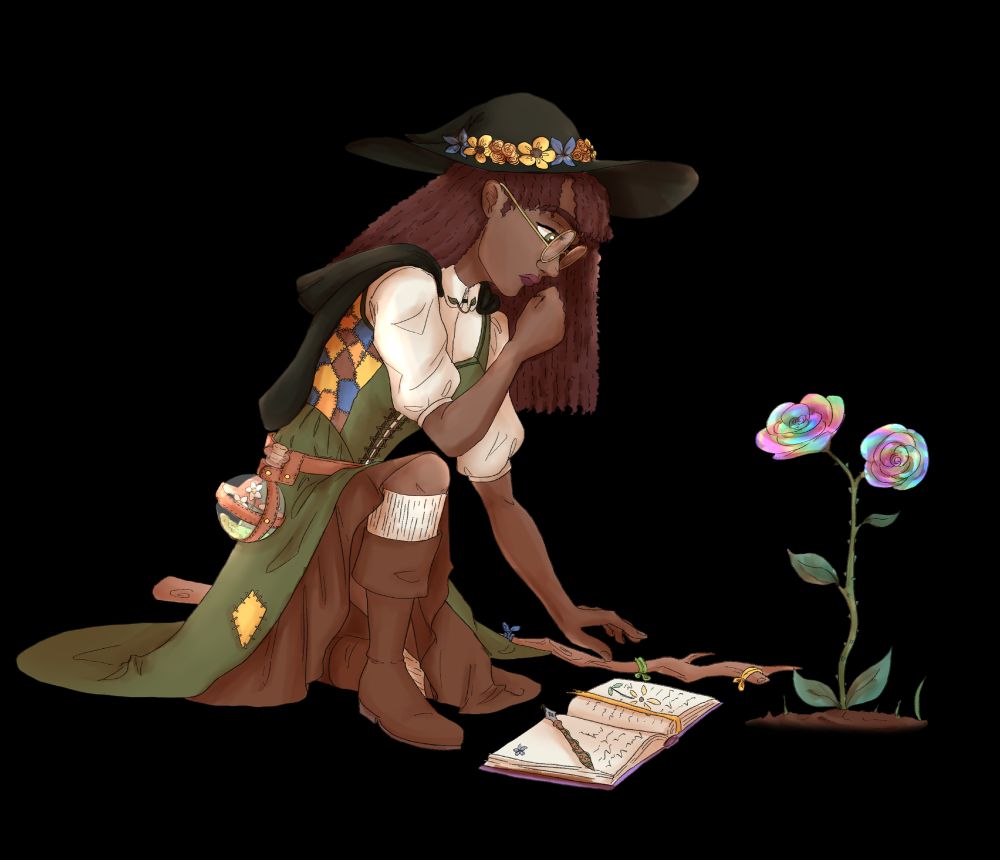 A witch with brown skin and brown coily hair kneels on the ground to examine a magical flower.