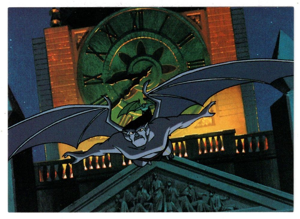 The gargoyle Goliath, from the 1990s cartoon GARGOYLES, swoops toward the viewer from his home in the clocktower. According to the giant clock, it's about 8:38 PM. Brooklyn (the gargoyle, not the borough) is just visible behind him.