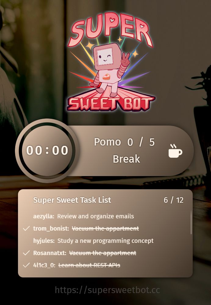 Two elegant co-working widgets: 
- A beautiful pomodoro timer 
- A sleek task list
Both are in the distinct style of Super Sweet Bot.
https://supersweetbot.cc/now