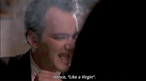 Animated gif of Quentin Tarantino in Reservoir Dogs saying “hence, “Like a Virgin”