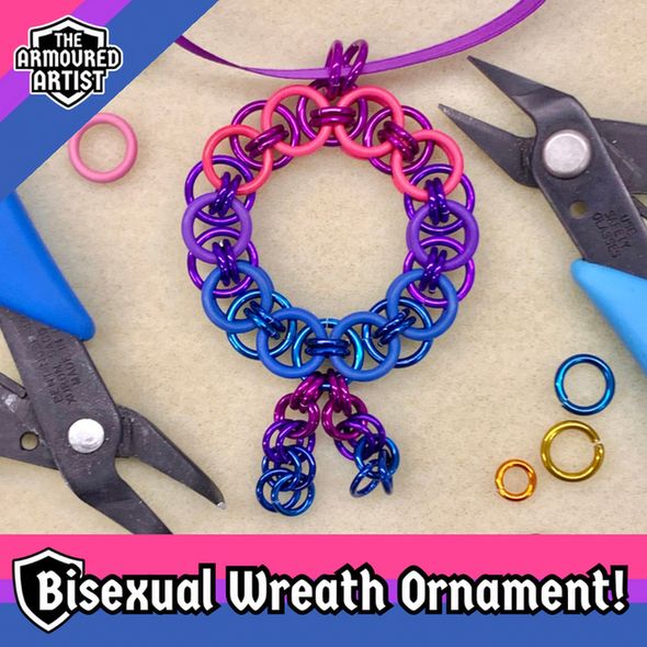 A bisexual pride squishable chainmail wreath ornament! Available on my Etsy!