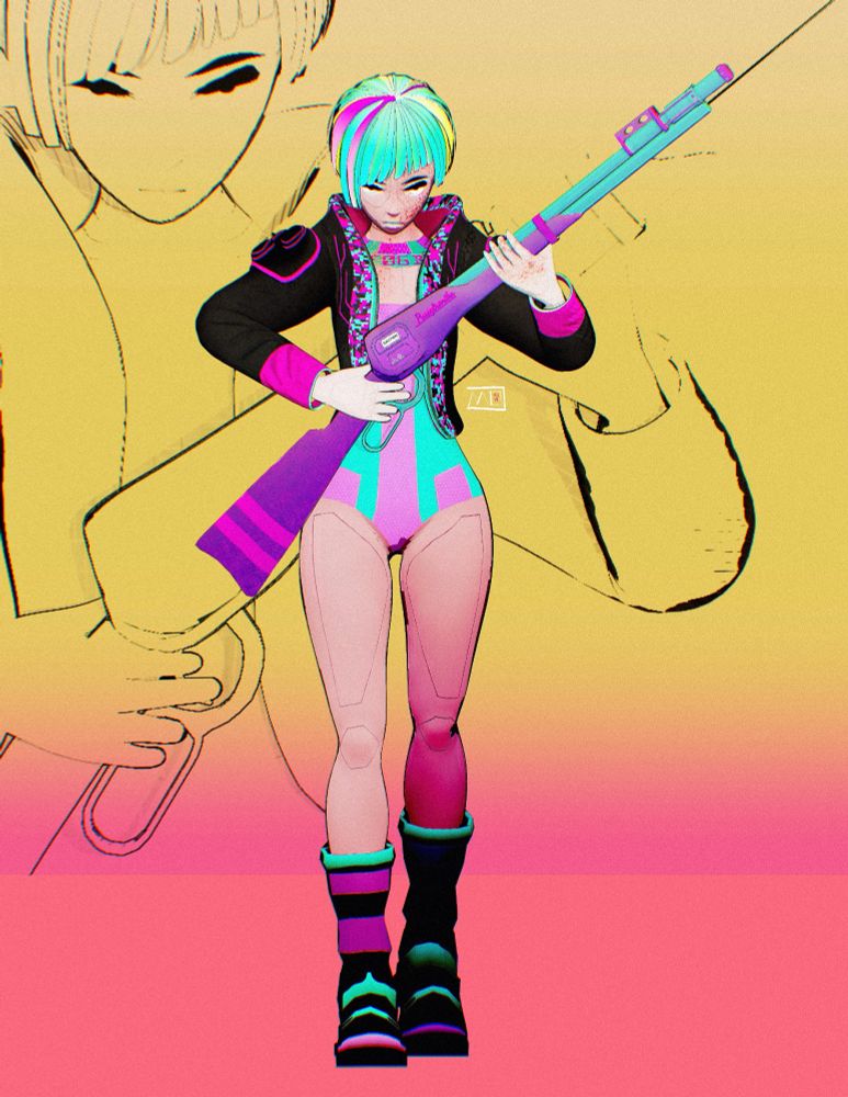 Edgerunner Veronica walking away after shooting some one. She is holding a custom made Pussytronika HK-47. Her face is covered in blood. But at least she is covered in blood but in style.