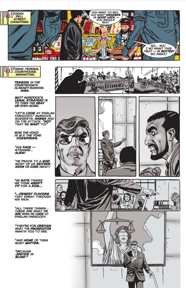 Pg 13 from Daredevil #380. In a book that uses black-and-white color for courthouse scenes, there is nothing visually represented in the 20 time jumps the issues covers.