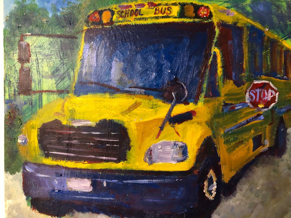 Acrylic on 16x20” canvas of a school bus.