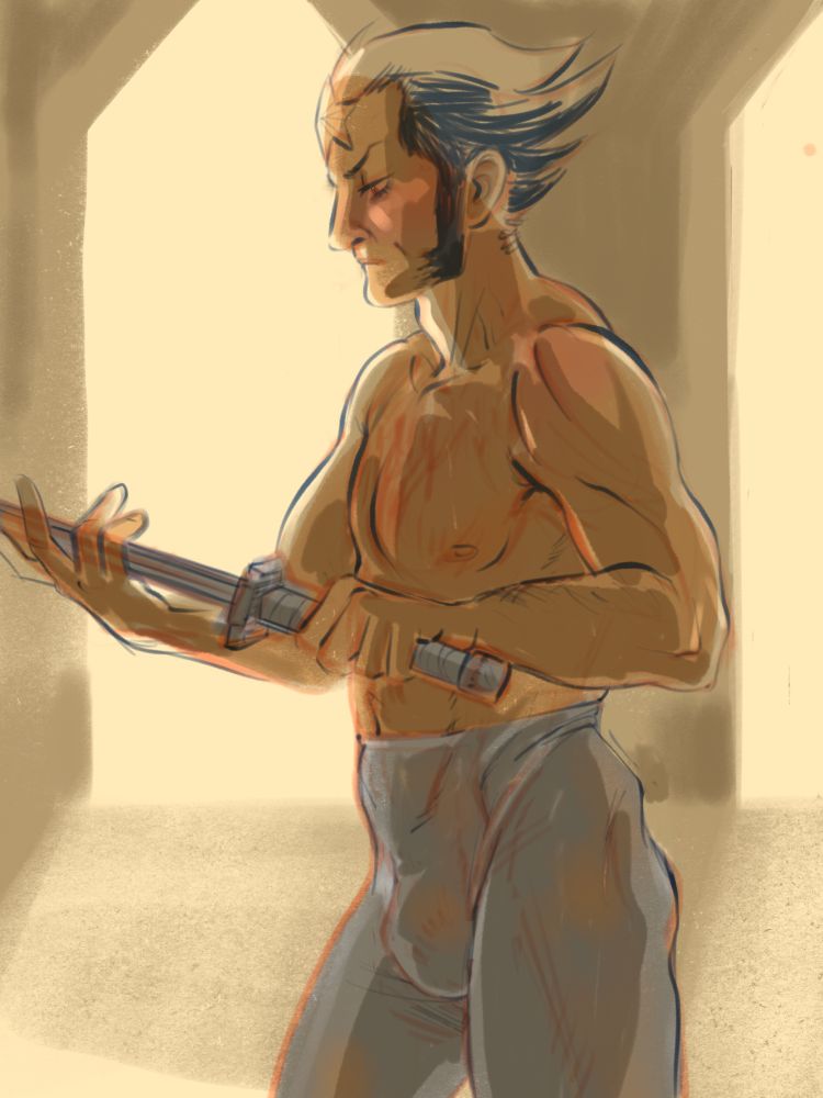 The subject is Pokémon XY character Wikstrom. Digital sketch with simple shading and limited, subdued colours, showing a side-view of an athletic bodied man holding a sword in front of him as he regards it. He wears nothing but thin, grey training tights which accentuate his physique and sex. The background is minimal, using beige shadowy areas to hint at an empty hall with evenly spaced archways.