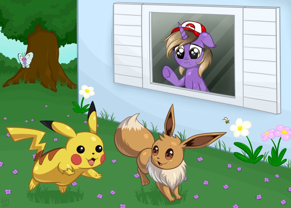 A sad pony wearing a Pokemon trainer hat is watching out a window from quarantine as an eevee and pikachu play outside in the yard.