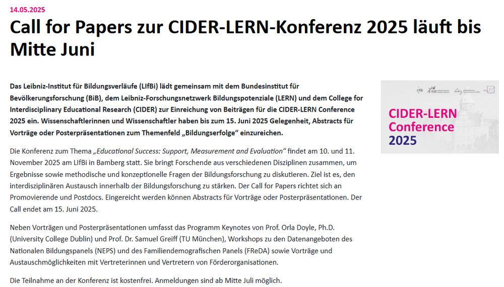Ausschnitt der oben verlinkten Seite des LIfBi zur CIDER-LERN-Konferenz