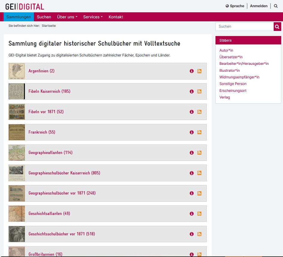 Ausschnitt der verlinkten Seite "Sammlung digitaler Schulbücher mit Volltextsuche"