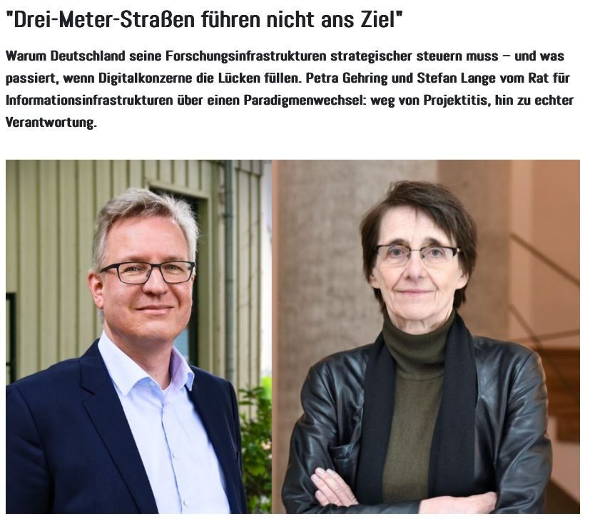 Porträtfotos von Petra Gehring und Stefan Lange vom Rat für Informationsinfrastrukturen