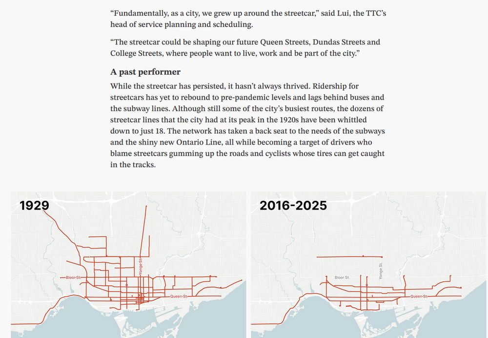 Article excerpt followed by two maps of the streetcar network. The 1929 map shows a huge network of red lines across Toronto, while the map of 2016-2025 is far more limited. The excerpt reads:

“Fundamentally, as a city, we grew up around the streetcar,” said Lui, the TTC’s head of service planning and scheduling.

“The streetcar could be shaping our future Queen Streets, Dundas Streets and College Streets, where people want to live, work and be part of the city.”
A past performer

While the streetcar has persisted, it hasn’t always thrived. Ridership for streetcars has yet to rebound to pre-pandemic levels and lags behind buses and the subway lines. Although still some of the city’s busiest routes, the dozens of streetcar lines that the city had at its peak in the 1920s have been whittled down to just 18. The network has taken a back seat to the needs of the subways and the shiny new Ontario Line, all while becoming a target of drivers who blame streetcars gumming up the roads and cyclists whose tires can get caught in the tracks.