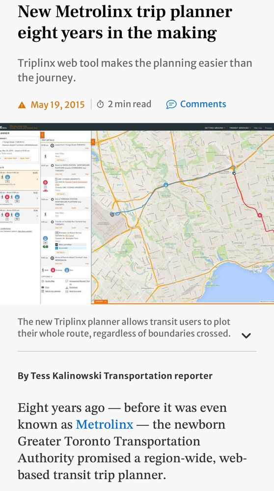 Screenshot of Toronto Star article heralding the arrival of trip planning website triplinx.ca in 2015