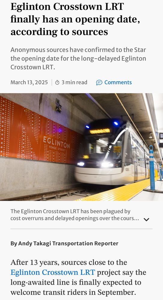 Screenshot of Toronto Star headline over image of a Crosstown LRV