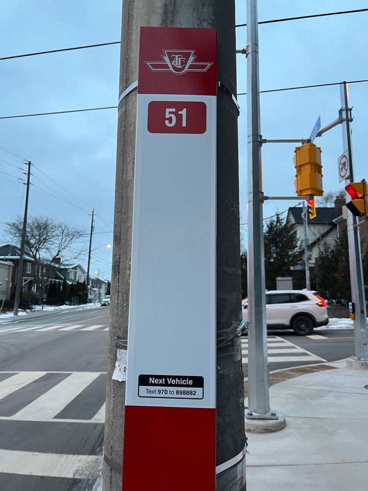 TTC bus stop sign with route 51 listed.