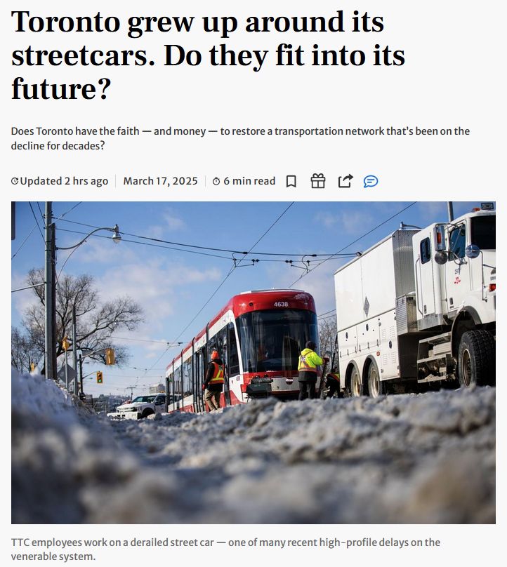 Screenshot of linked Toronto Star article, showing the headline quoted in the post, and a photo of a streetcar which is derailed on a sunny winter day. The photo is taken from about 25m ahead of the streetcar, at ground level, so snow is blurry in the foreground and we can't see the streetcar's wheels or the rails.
