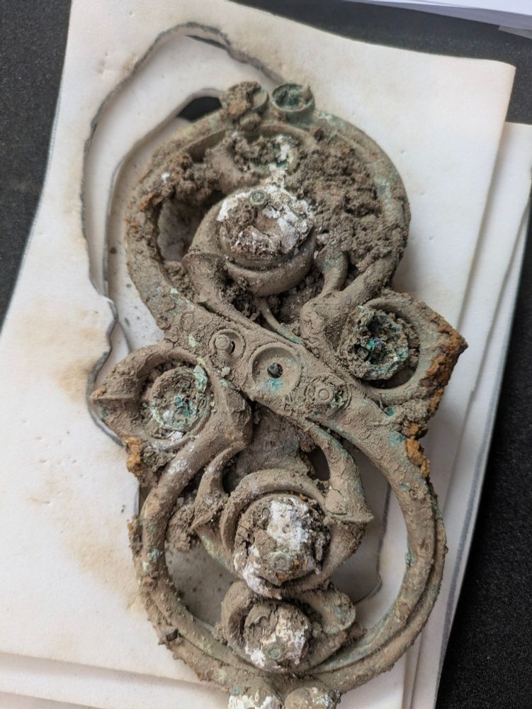 A decorative strap junction from the iron age Melsonby hoard. It's a 20cm long figure of eight shape with openwork decorations and fragmentary coral beads all across its surface.
