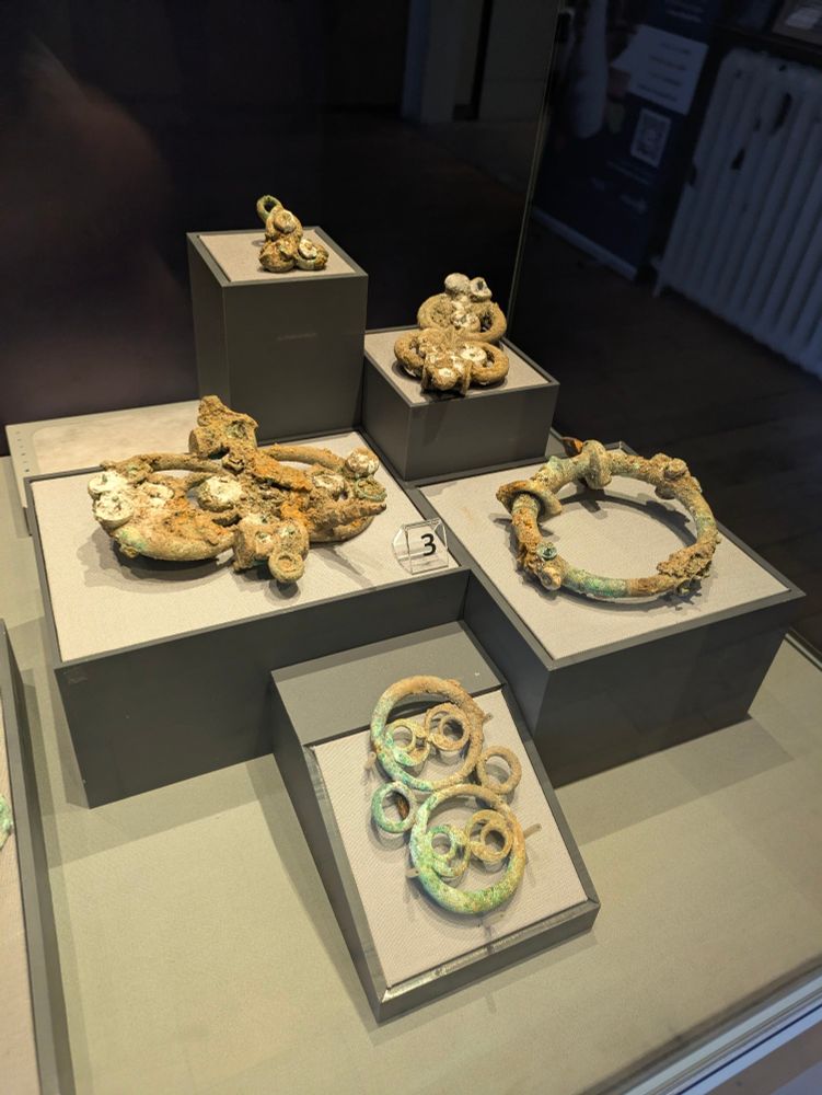 Objects from the Melsonby Hoard displayed on plinths in a museum case.