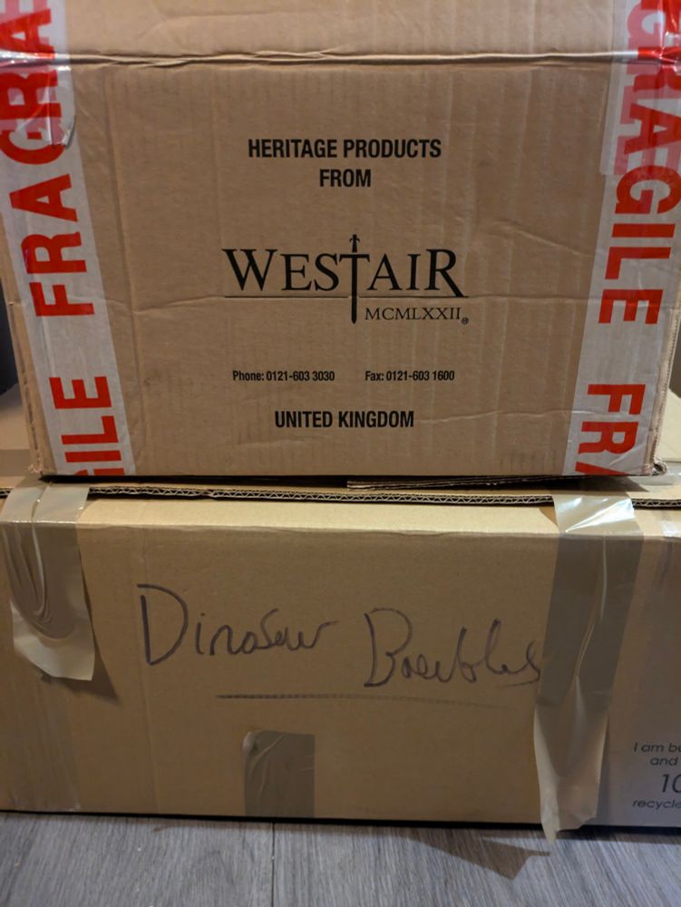Two cardboard boxes from a museum gift shop, the upper one read 'Heritage products from Westair' and the lower one 'Dinosaur baubles'