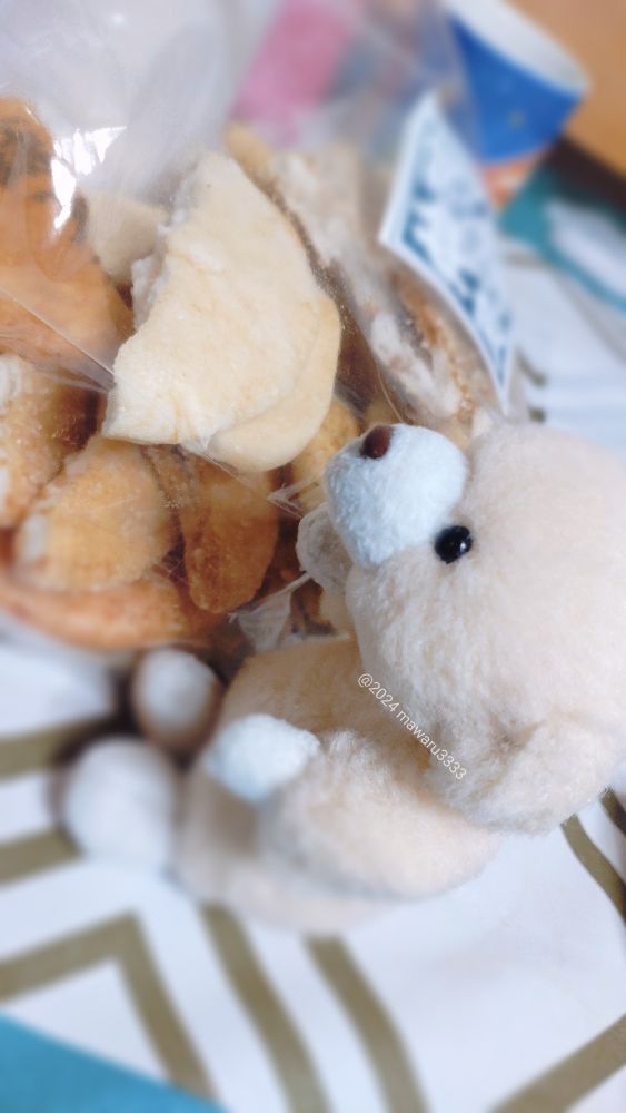 割れせんべいを見るクマのぬいぐるみ（横顔）