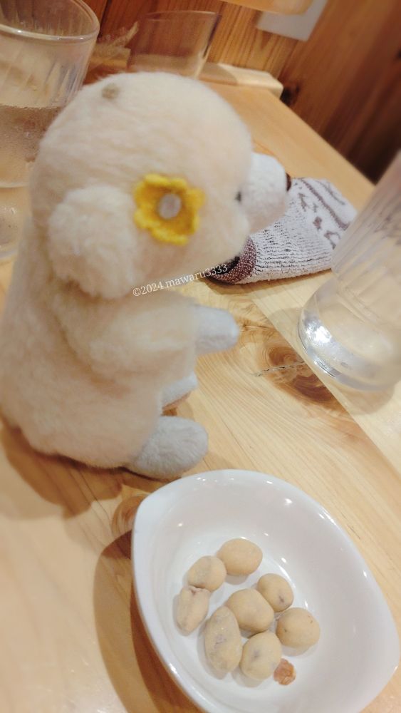 豆菓子に飽きてそっぽを向くクマのぬいぐるみ