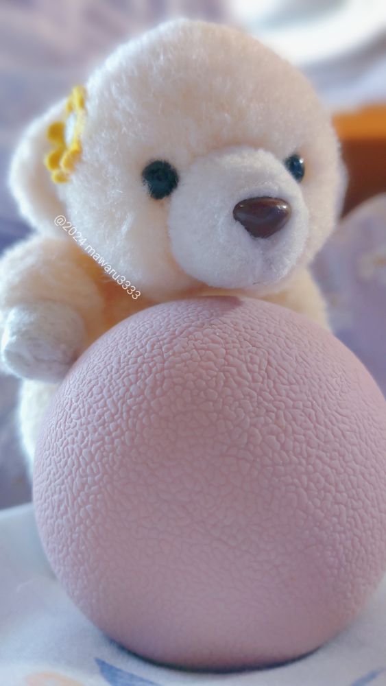 ストレッチボールに鼻を乗せて立つクマのぬいぐるみ