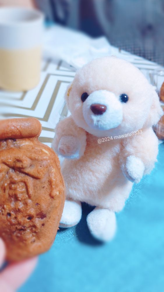 人間がツボのおまんじゅうを差し出し、それをボーっと見るクマのぬいぐるみ