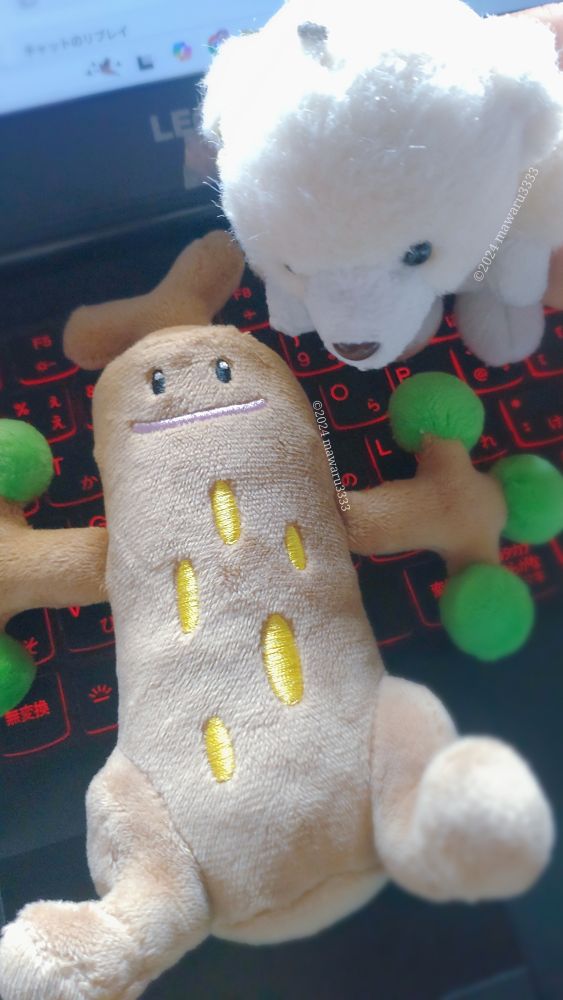 寝ているウソッキーのぬいぐるみを見るクマのぬいぐるみ