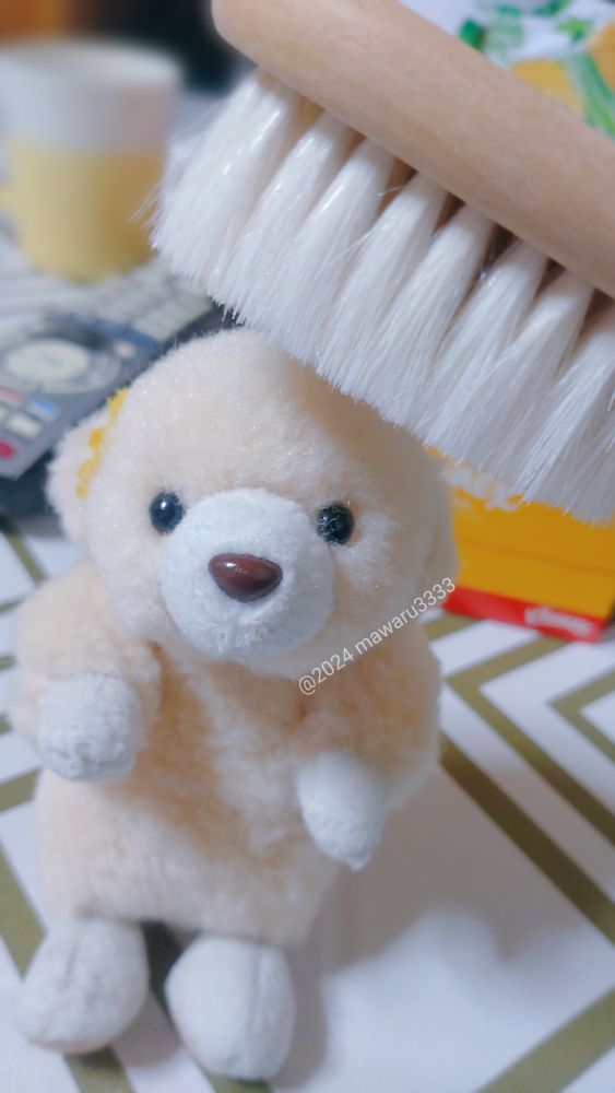 ブラシを頭に当てられて緊張するクマのぬいぐるみ