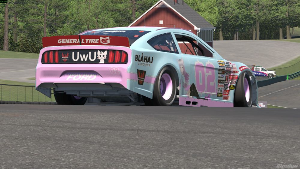The rear of my ARCA Ford Mustang, it has UwU and a boykisser on the back :3