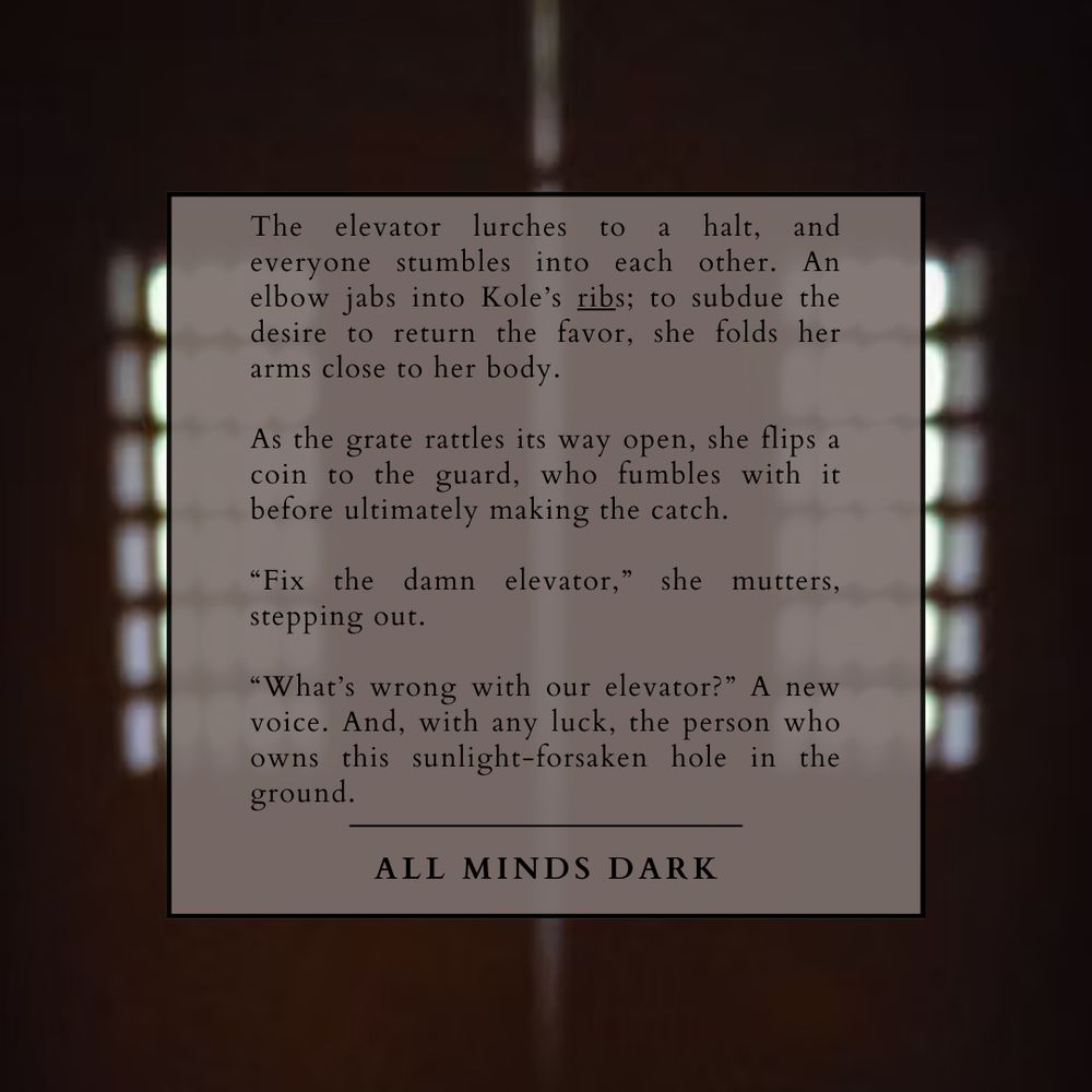 The elevator lurches to a halt, and everyone stumbles into each other. An elbow jabs into Kole’s ribs; to subdue the desire to return the favor, she folds her arms close to her body. 

As the grate rattles its way open, she flips a coin to the guard, who fumbles with it before ultimately making the catch.

“Fix the damn elevator,” she mutters, stepping out.

“What’s wrong with our elevator?” A new voice. And, with any luck, the person who owns this sunlight-forsaken hole in the ground.